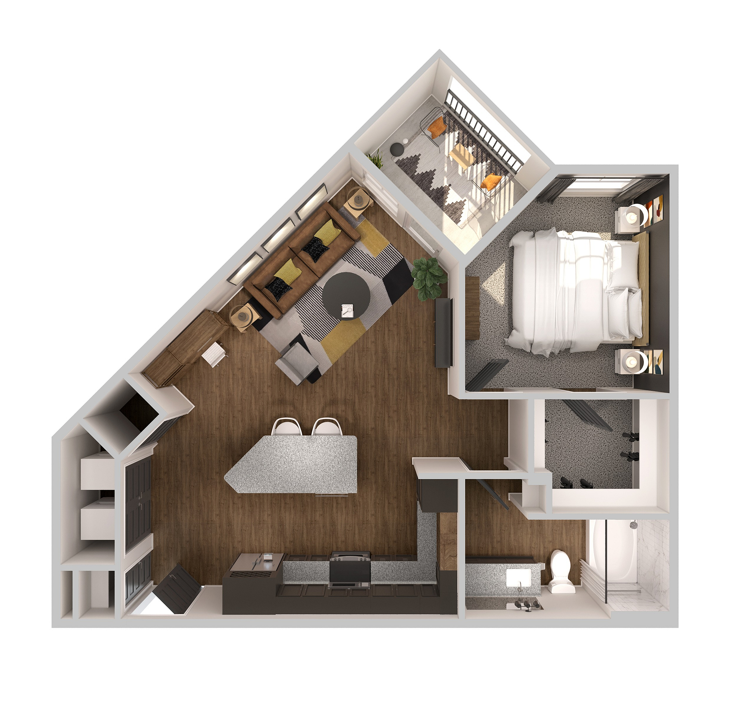 Elegant open-concept floor plan featuring one bedroom, modern kitchen with island, cozy living area, and private balcony.