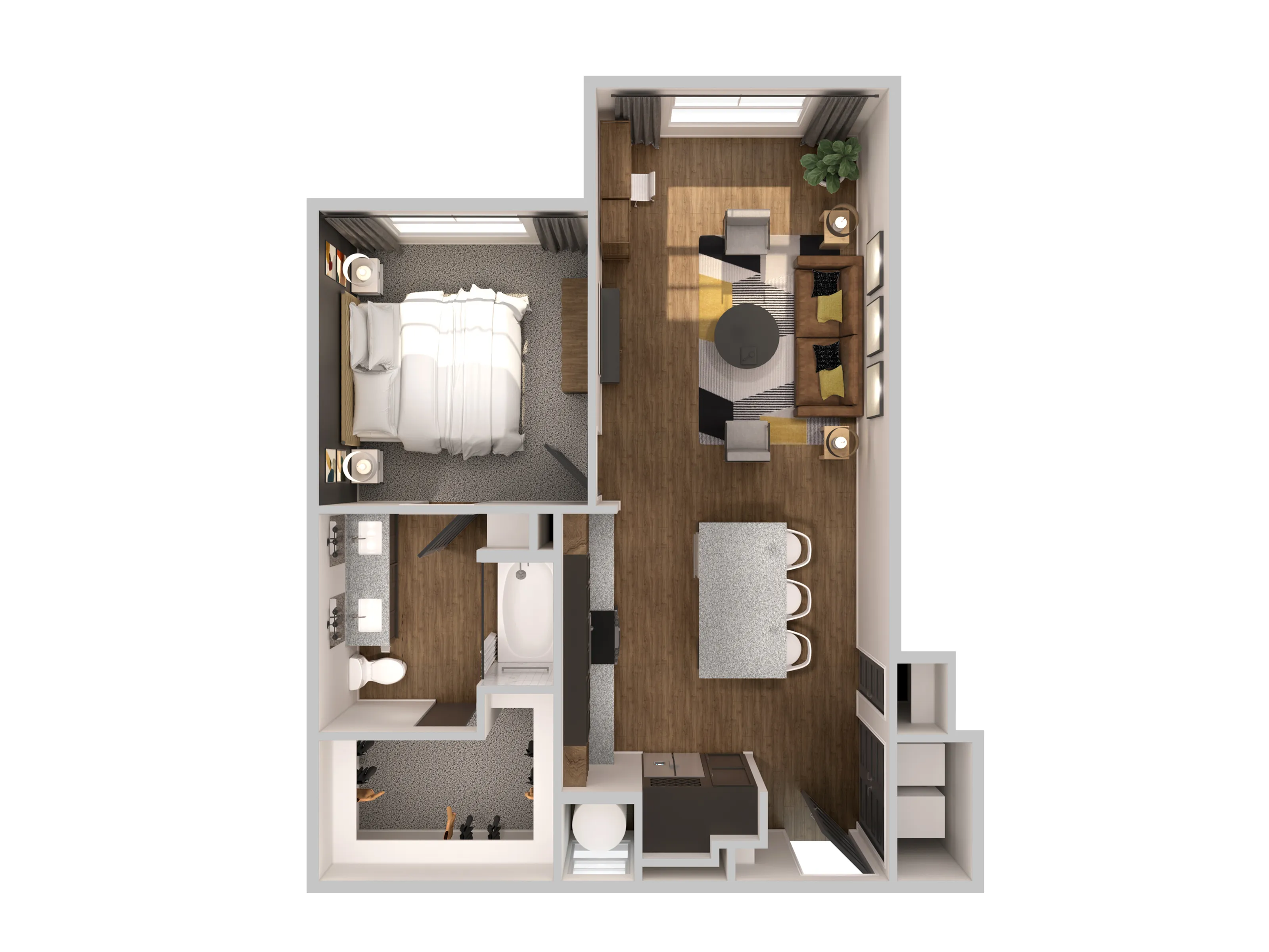 Chic floor plan featuring a cozy bedroom, modern bathroom, and open-concept living and kitchen area with stylish furnishings.