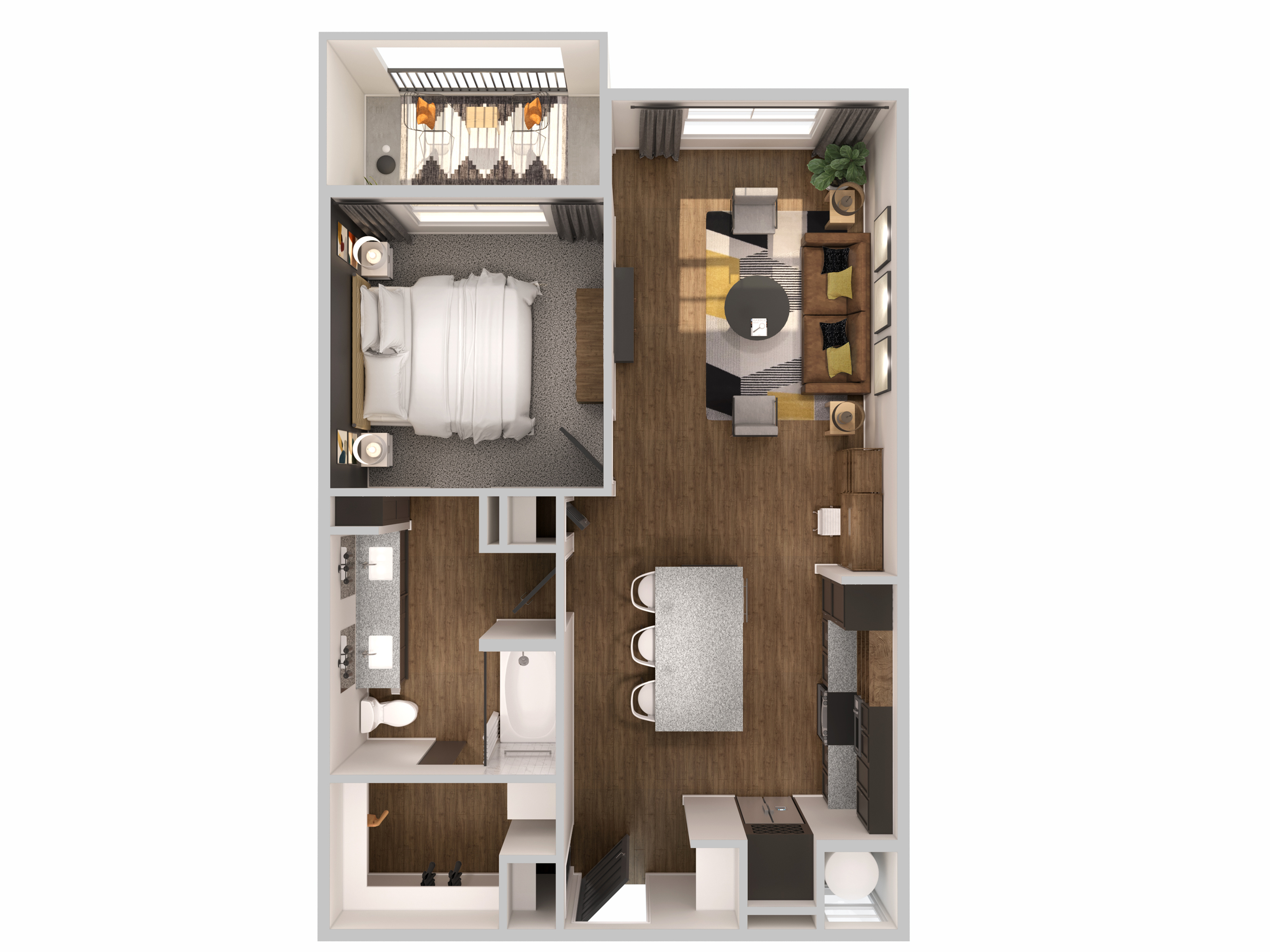 Modern floor plan showcasing a cozy one-bedroom apartment with open-concept living area, stylish kitchen island, spacious bathroom, and intimate balcony.