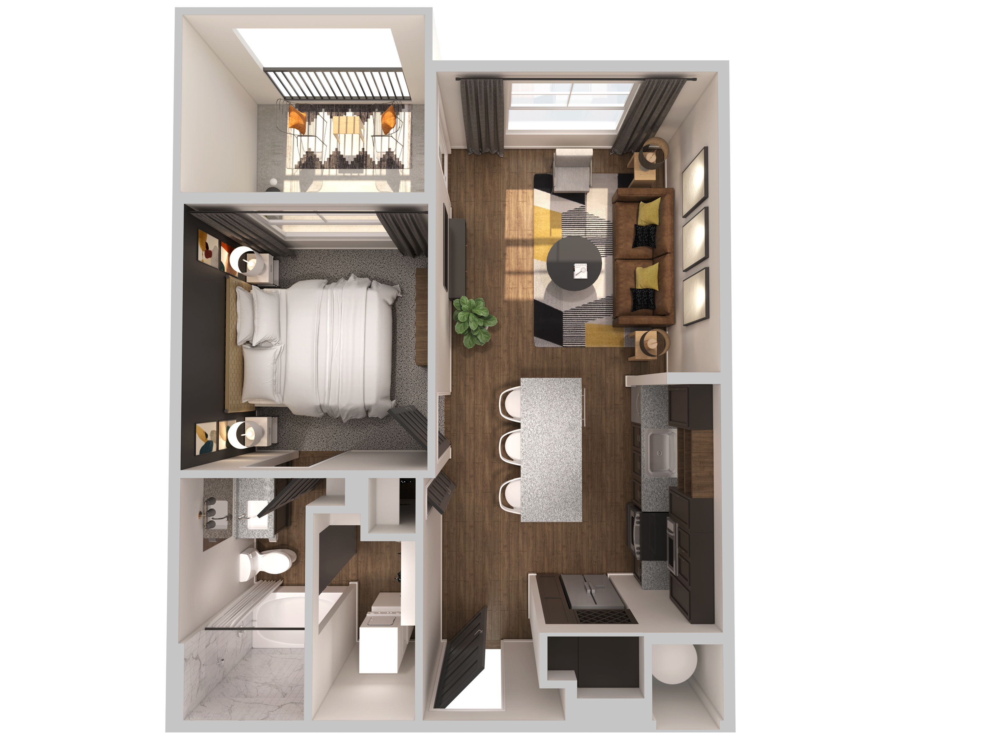 Elegant floor plan with a cozy bedroom, modern kitchen, stylish living area, and charming balcony space.