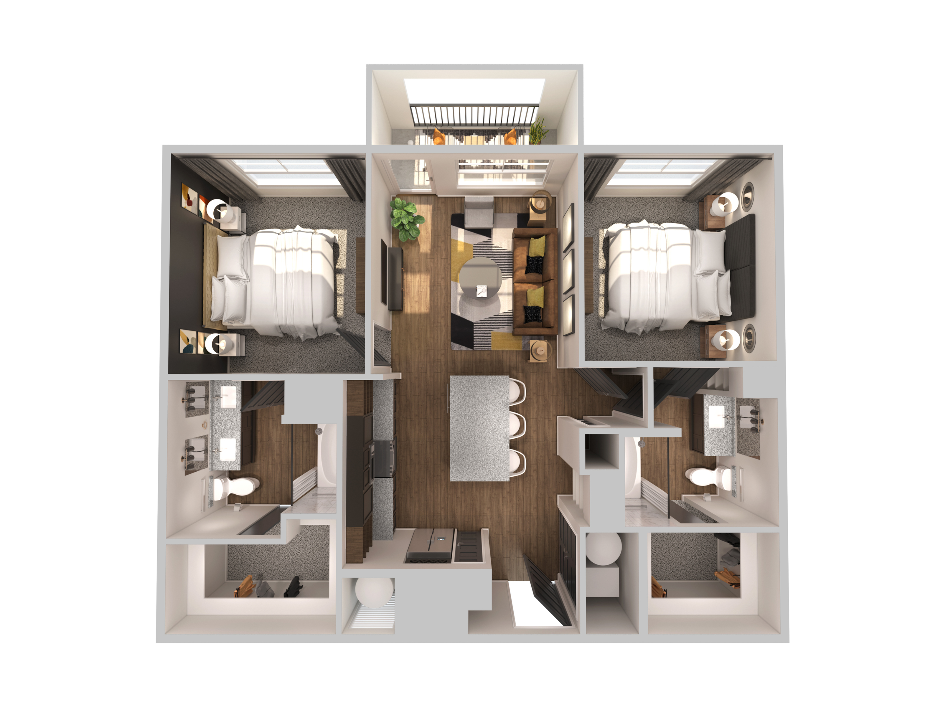 Modern 3D floor plan featuring two bedrooms, a stylish open-concept living room, and a sleek kitchen with a central island.
