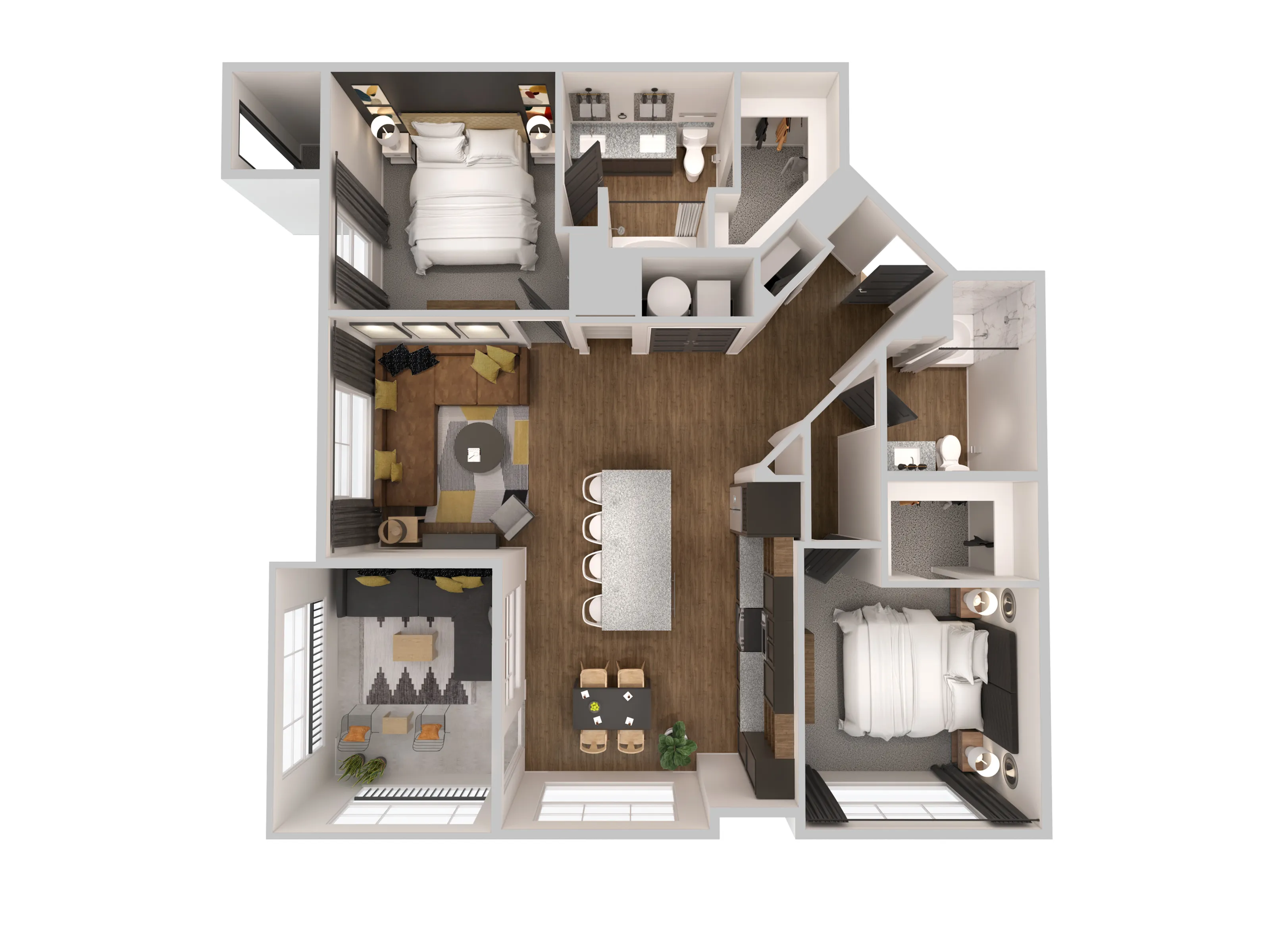 Modern 3D floor plan featuring two spacious bedrooms, an open-concept living and dining area, and a sleek kitchen with an island. Cozy and inviting design with ample natural light.