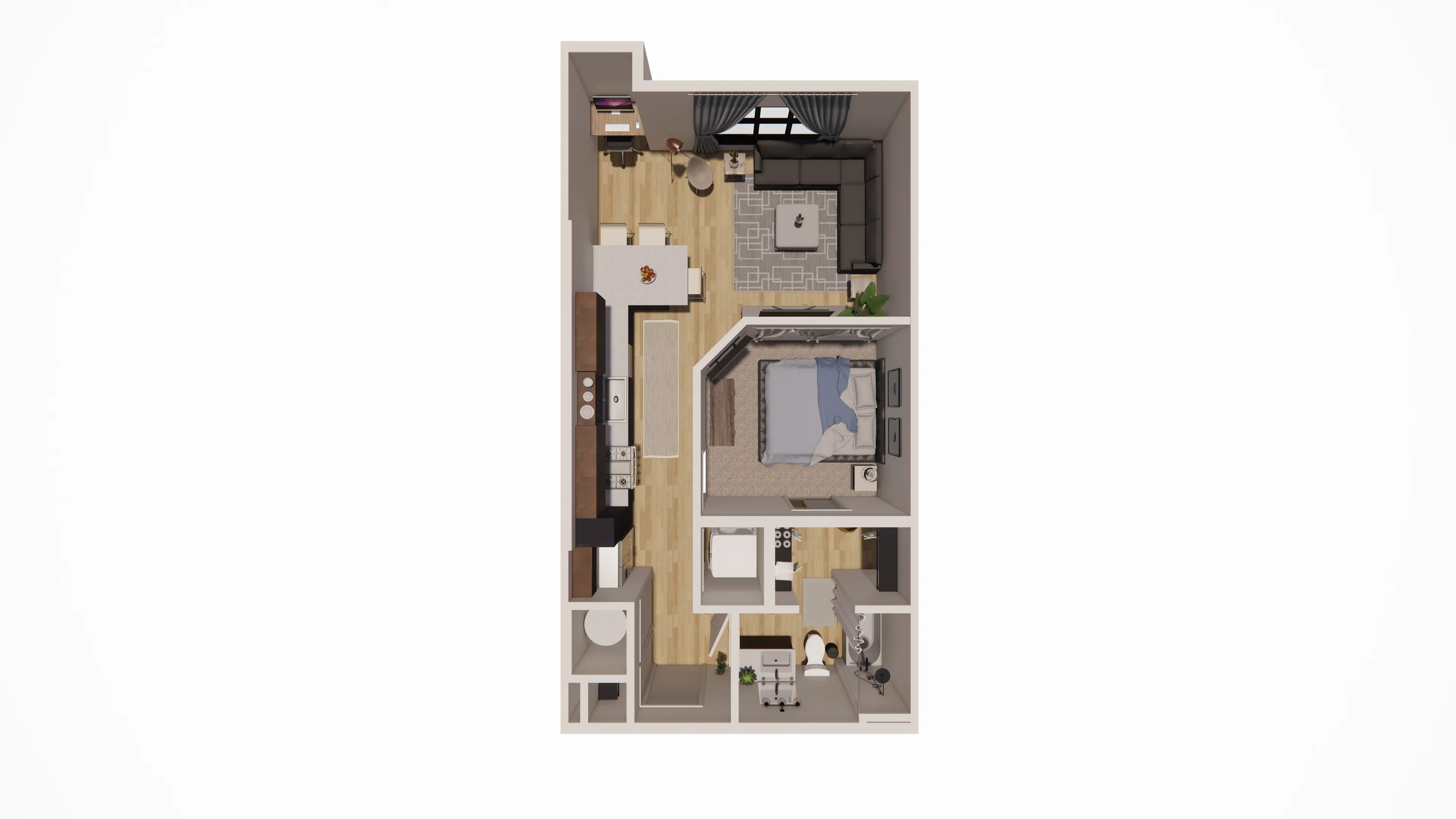 Studio 1 bedroom floor plan featuring a cozy bedroom, modern kitchen, and inviting living area with stylish decor.
