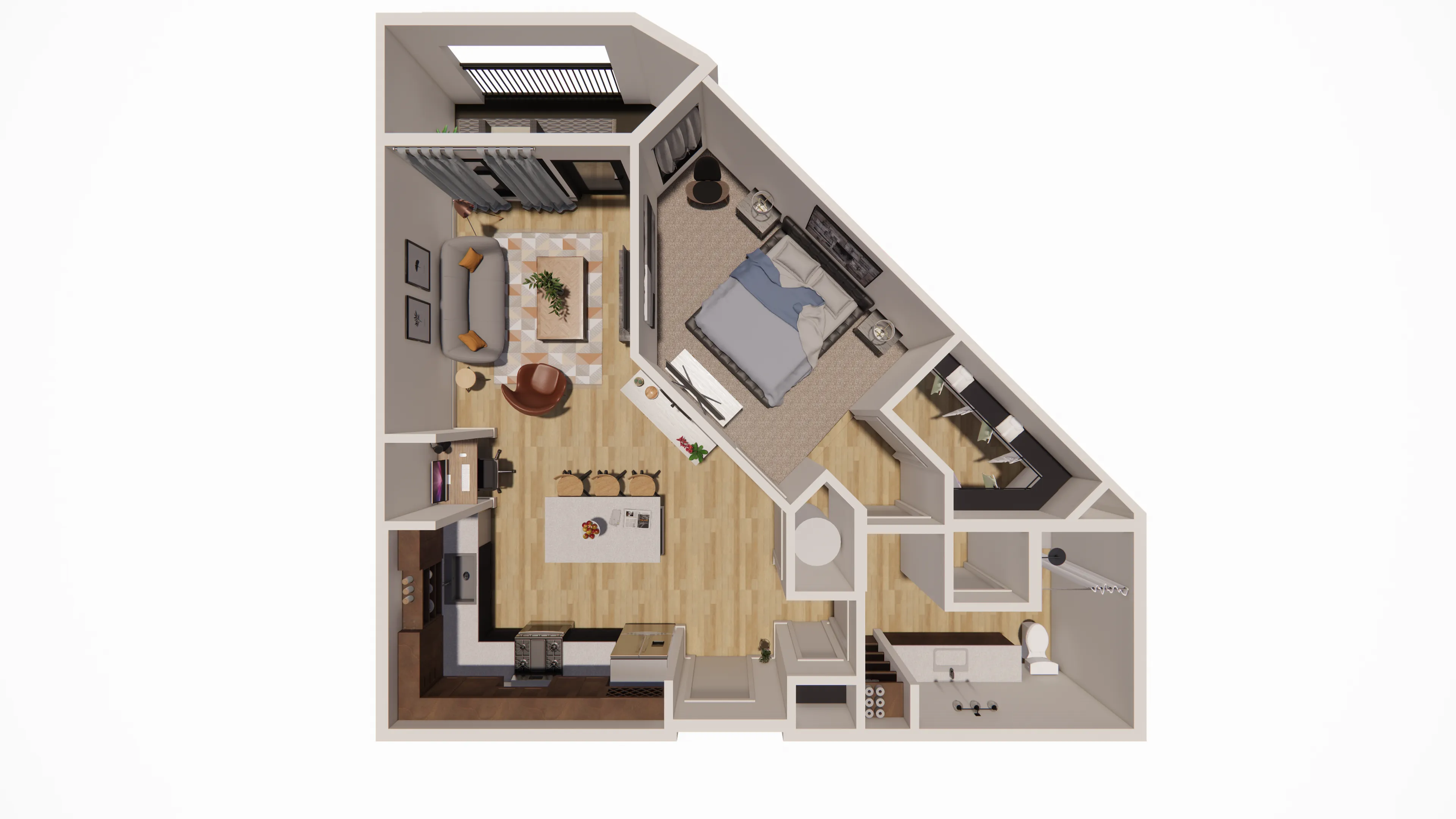 Modern floor plan showcasing a spacious one-bedroom apartment with sleek open-concept kitchen and living area, inviting design with elegant furnishings.