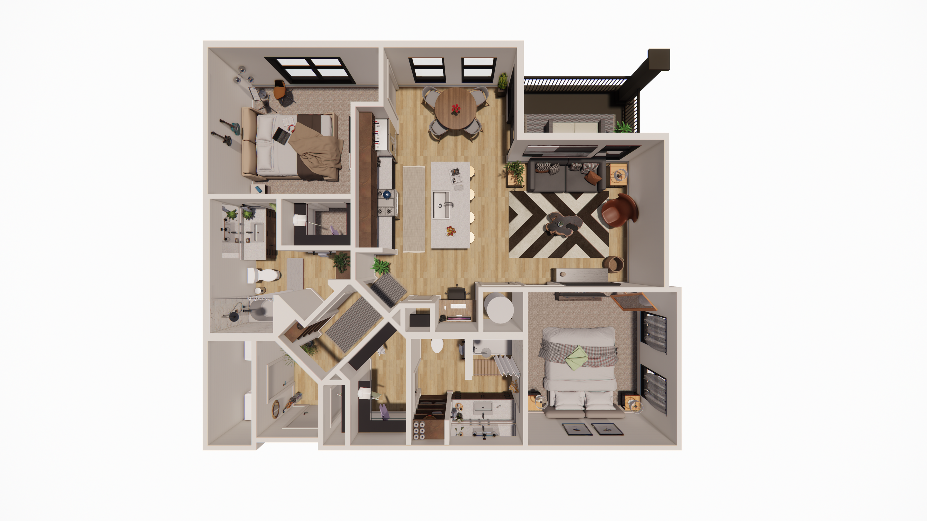Modern 3D floor plan showcasing two cozy bedrooms, an inviting open-concept living-dining area, a sleek kitchen, and a private balcony.