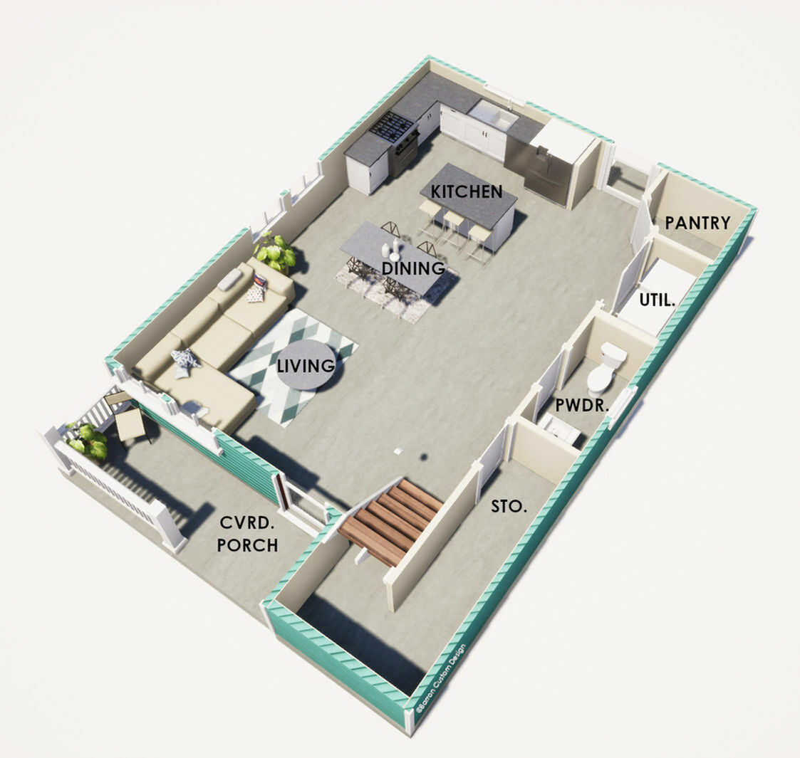 Inviting 3D floor plan showcasing an open-layout with a cozy living area, stylish kitchen, dining space, pantry, utility room, and a covered porch.