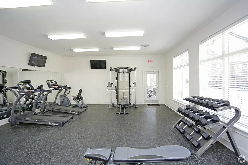 Bright and spacious fitness center equipped with modern treadmills, a multi-use weight machine, and a full set of free weights, perfect for an invigorating workout experience.