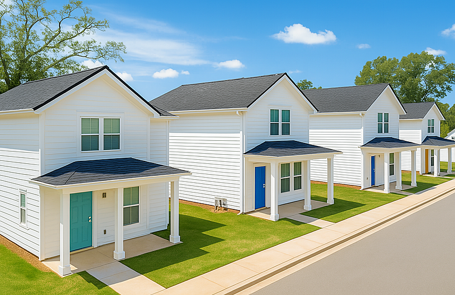 Charming suburban neighborhood showcasing elegant white houses with blue doors, manicured lawns, and inviting front porches.