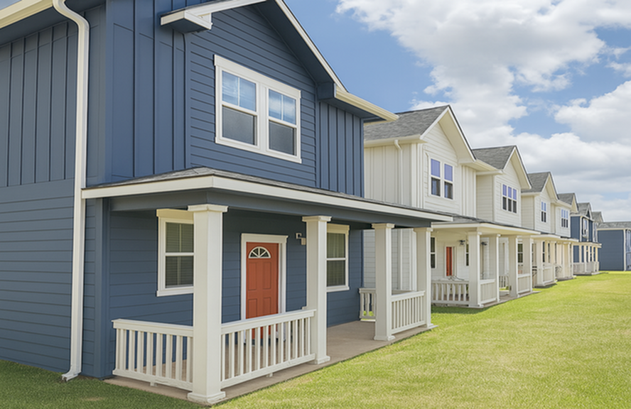 Beautiful row of modern townhouses with inviting front porches, vibrant blue and white exteriors, and well-maintained lawns under a clear sky.