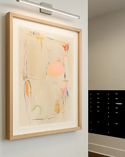 Elegant hallway featuring modern abstract art with vibrant colors, complemented by a sleek wooden floor.