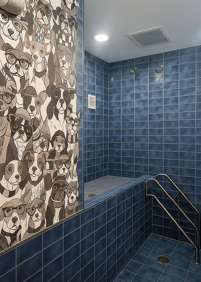 Charming blue tiled shower with whimsical dog-themed wallpaper, creating a playful and inviting atmosphere.