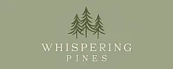 Charming Whispering Pines logo featuring elegant tree silhouettes on a soothing green background.