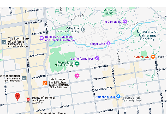 Prime map location near University of California, Berkeley, highlighting cultural sites, eateries, and recreational facilities.