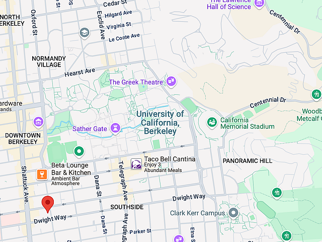 Vibrant map view highlighting key attractions in Berkeley, California, near University of California with dining and entertainment options.