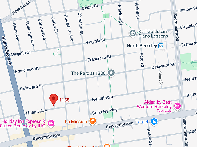 Map highlighting prime location at 1155 with proximity to amenities like cafes, retail stores, and hotels in Berkeley's vibrant community.
