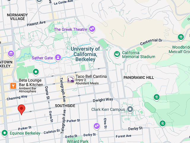 Vibrant map highlighting University of California, Berkeley area, showcasing nearby attractions like restaurants, parks, and cultural landmarks.
