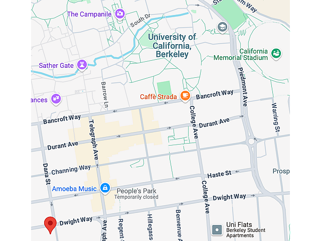 Vibrant map showcasing the prime location of Berkeley student apartments near University of California, Berkeley, surrounded by popular cafes and music spots.