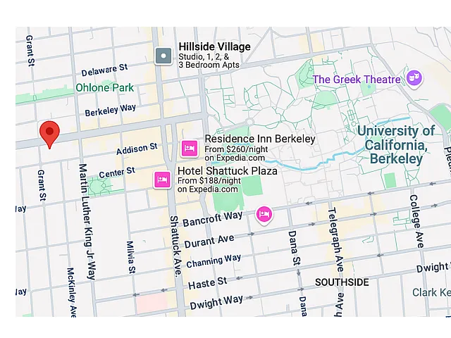 Vibrant map highlighting Hillside Village Apartments near University of California, Berkeley, surrounded by hotels and amenities.