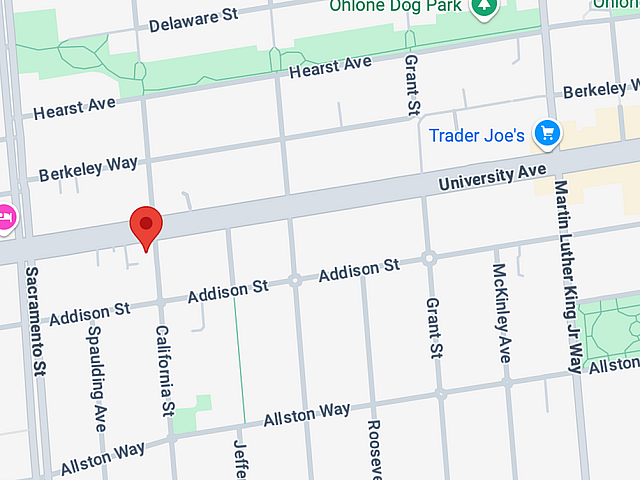 Prime location map highlighting proximity to Trader Joe's and Ohlone Dog Park on University Avenue.