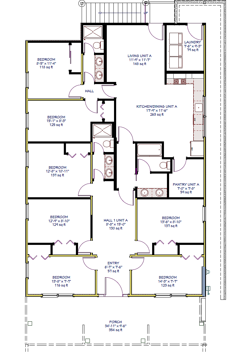 Elegant floor plan featuring 7 spacious bedrooms, an open-concept kitchen and dining area, cozy living room, and a large porch. Includes multiple bathrooms, laundry, and pantry for optimal convenience.