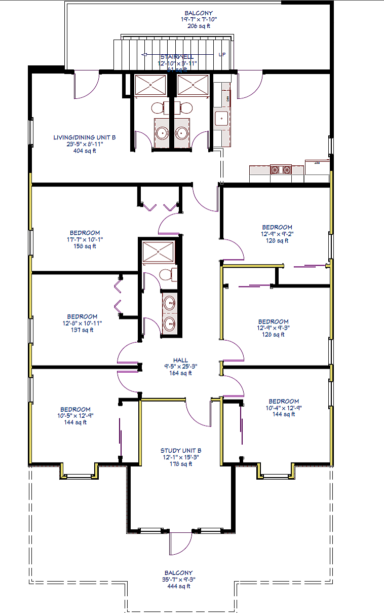 Elegant floor plan showcasing a spacious layout with six bedrooms, a living/dining area, and a study unit. Features dual balconies and a central hall for optimal comfort and style.