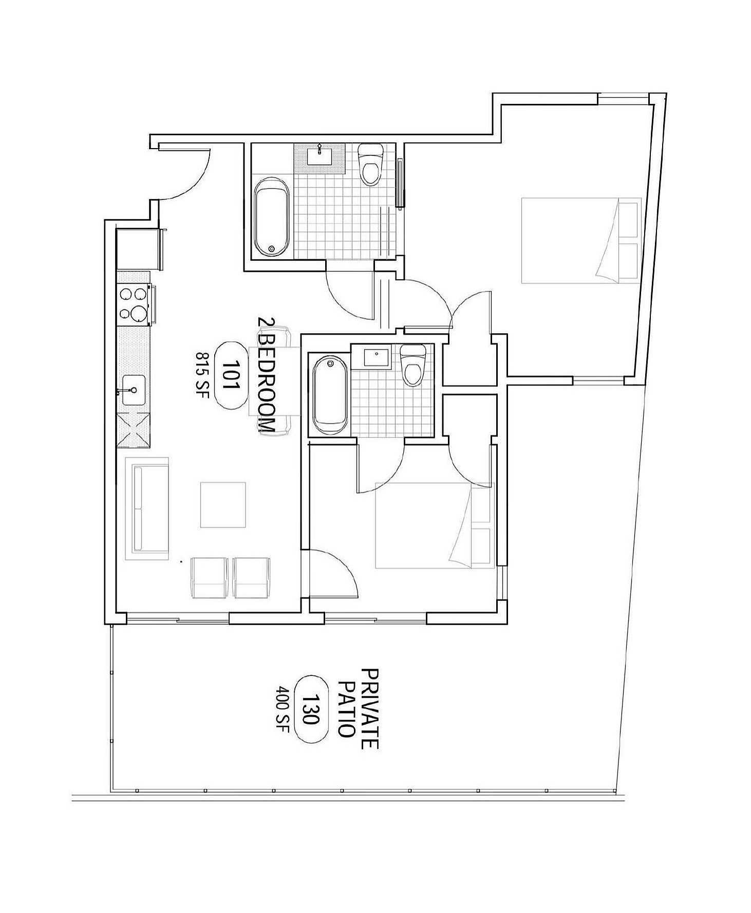 Modern 2D floor plan with 2 bedrooms, 1 bathroom, open living area, kitchen, and a spacious private patio.