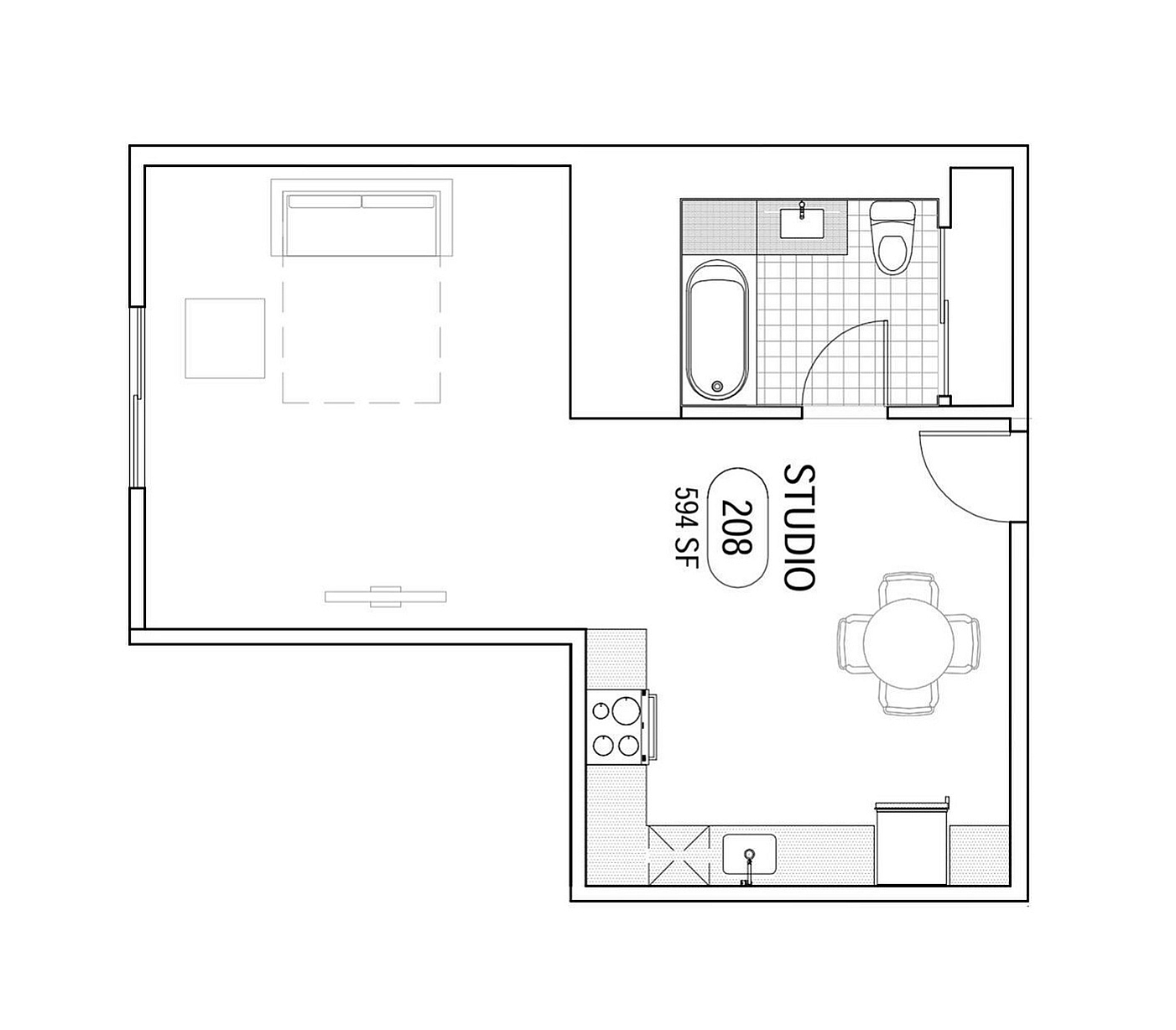 Modern studio apartment floor plan featuring an open living area, cozy bedroom space, and convenient kitchen layout.