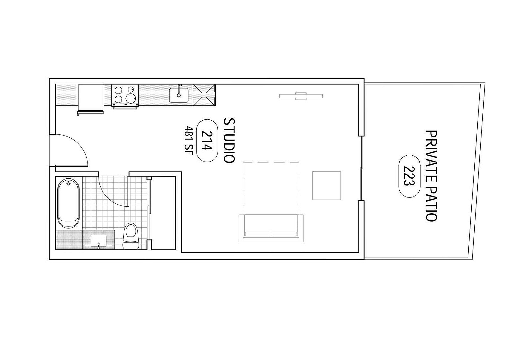 Modern studio floor plan with bathroom, compact kitchen, cozy living area, and private patio.