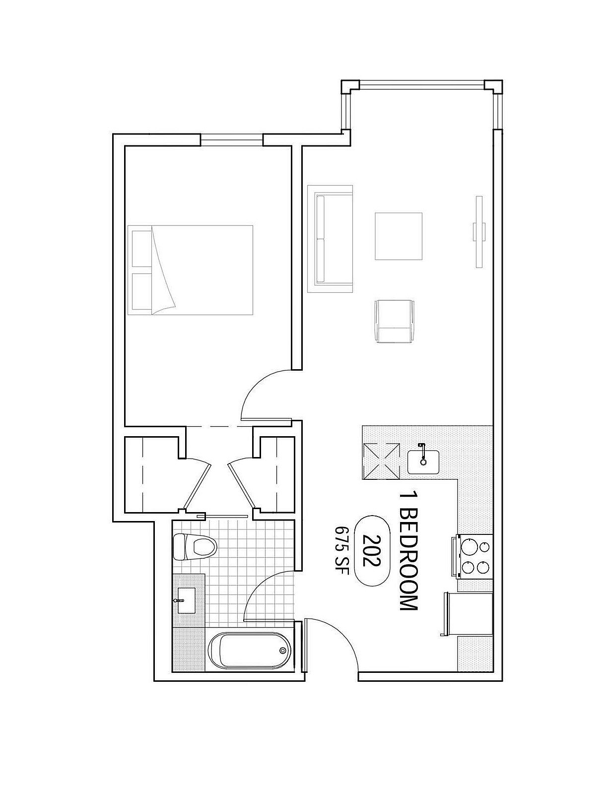 Sleek 1-bedroom floor plan offering open-concept living and kitchen area, ideal for modern living with efficient space use.