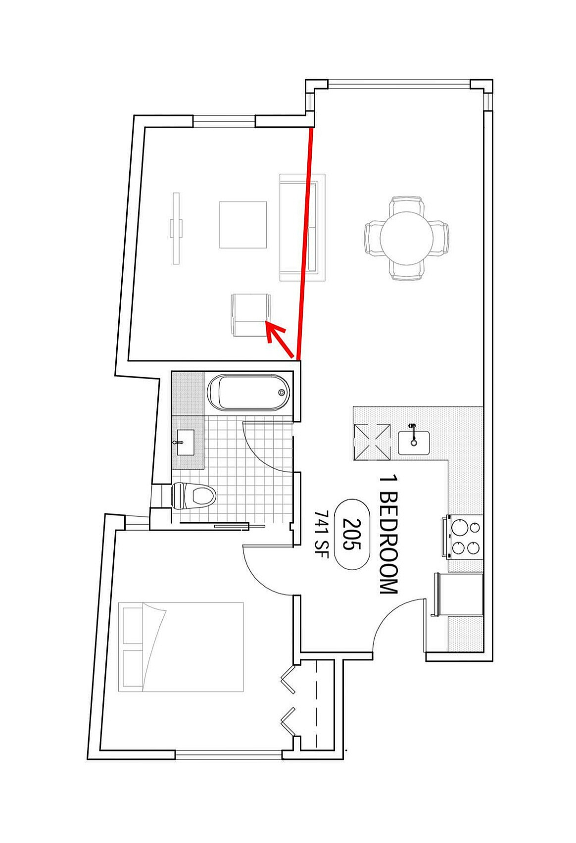 Contemporary floor plan showcasing a spacious 1-bedroom apartment with an open kitchen and inviting living area, perfect for modern living, 741 sq ft.