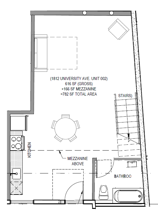 Modern floor plan of Unit 002 at 1812 University Ave, showcasing open-concept living and dining area, sleek kitchen, bathroom, and stylish mezzanine, totaling 782 sq ft.