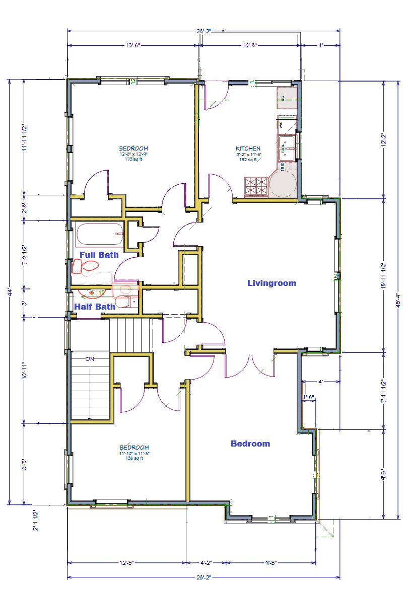 Elegant floor plan showcasing a spacious living room, three cozy bedrooms, a modern kitchen, and both full and half baths for convenience.