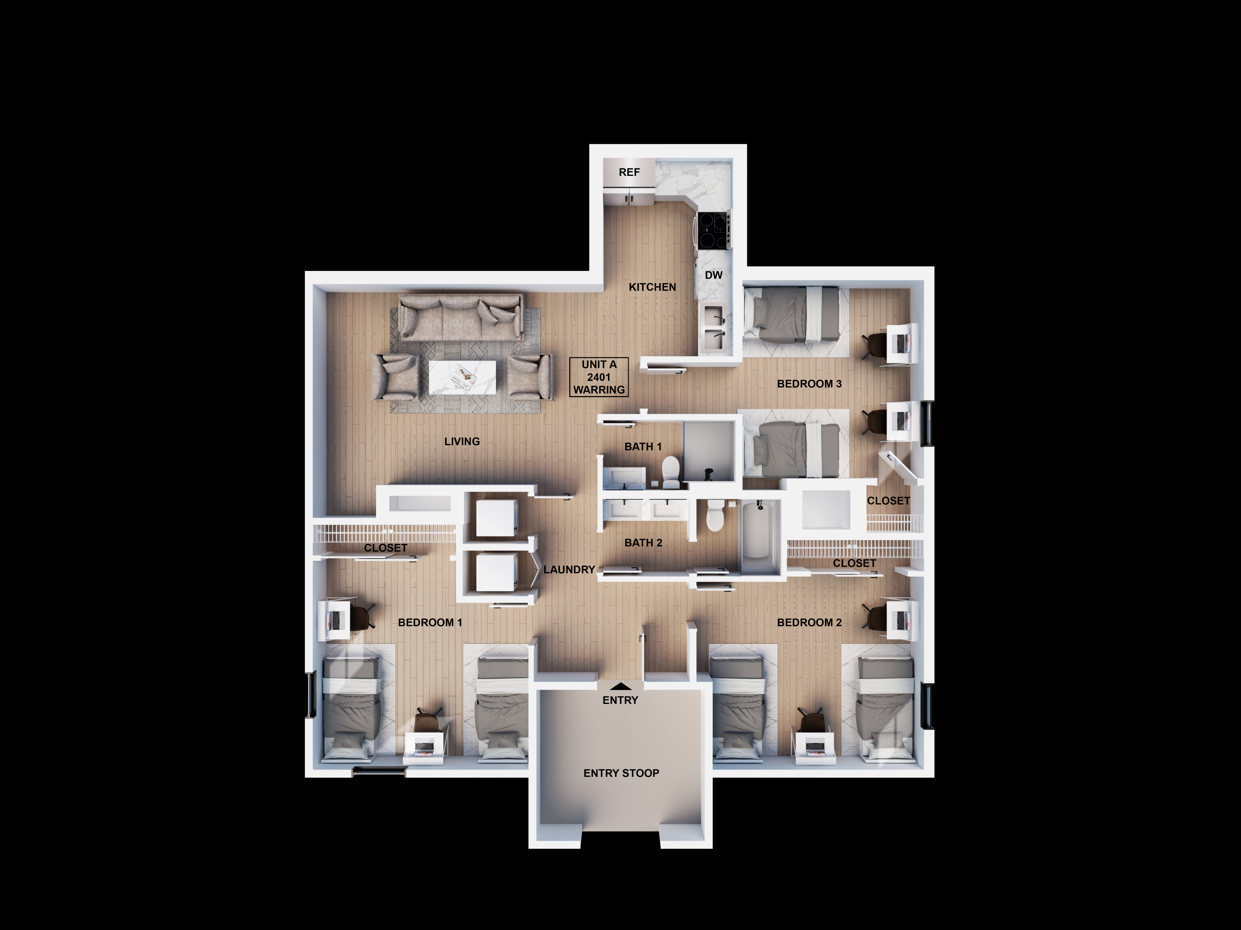 Elegant 3-bedroom floor plan featuring a modern open-concept living area, stylish kitchen, and two pristine bathrooms, designed for comfortable family living.