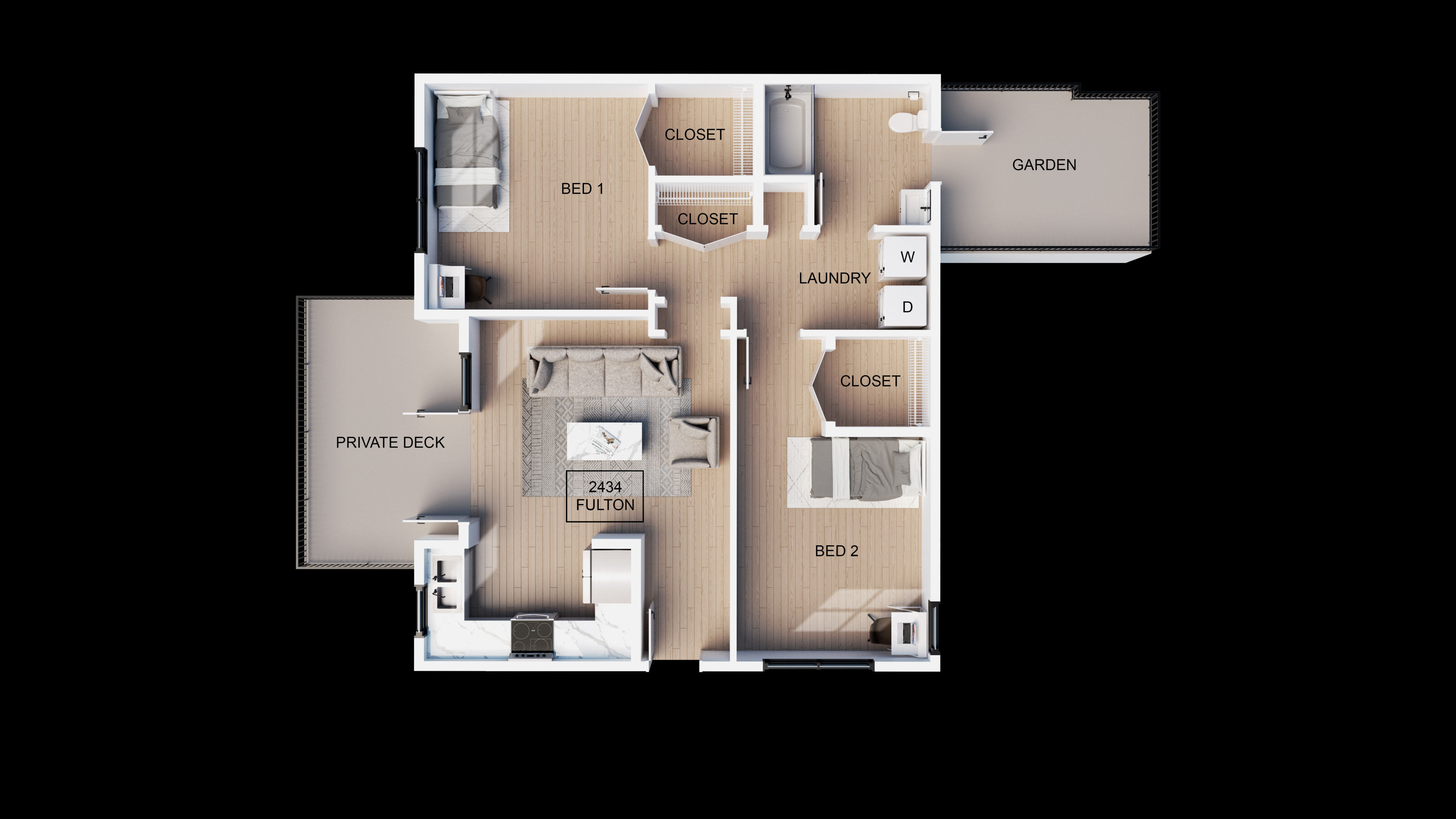 Modern floor plan showcasing 2 bedrooms, a cozy living area, kitchen, laundry room, and access to a private deck and garden.