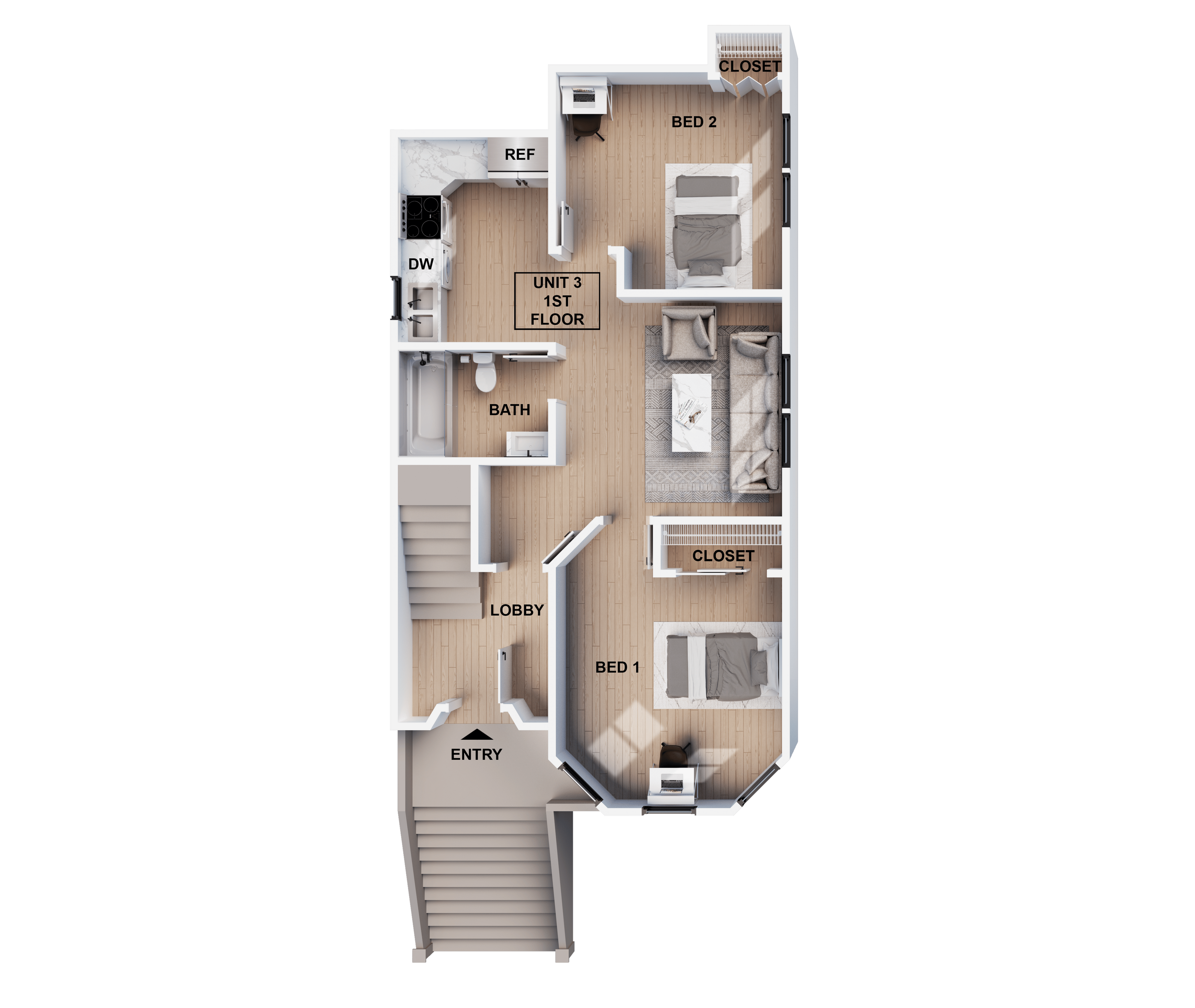 Chic floor plan showcasing a 2-bedroom apartment with modern kitchen, cozy living area, spacious bath, and ample storage, perfect for comfortable living.