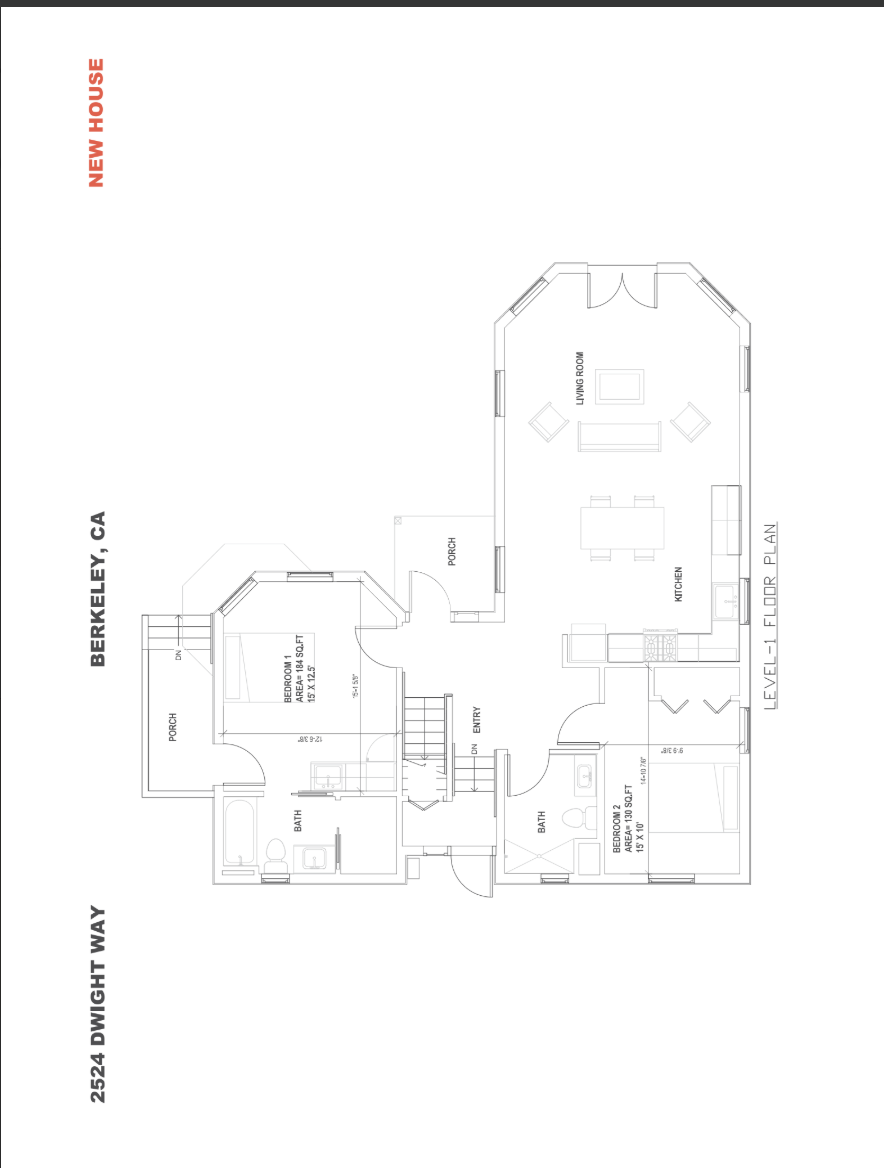 Elegant floor plan for a new house in Berkeley, CA featuring 2 bedrooms, 2 bathrooms, a spacious living room, and a modern kitchen with designated porch areas.