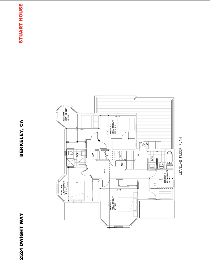 Stuart House second-level floor plan featuring 3 bedrooms, 2 bathrooms, and a spacious hallway in Berkeley, CA.