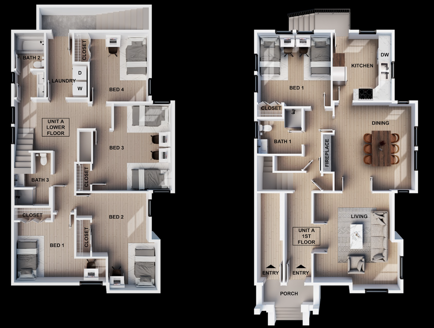 Modern two-story floor plan featuring four bedrooms, a spacious kitchen, a cozy fireplace in the dining area, and a comfortable living room, perfect for family living.