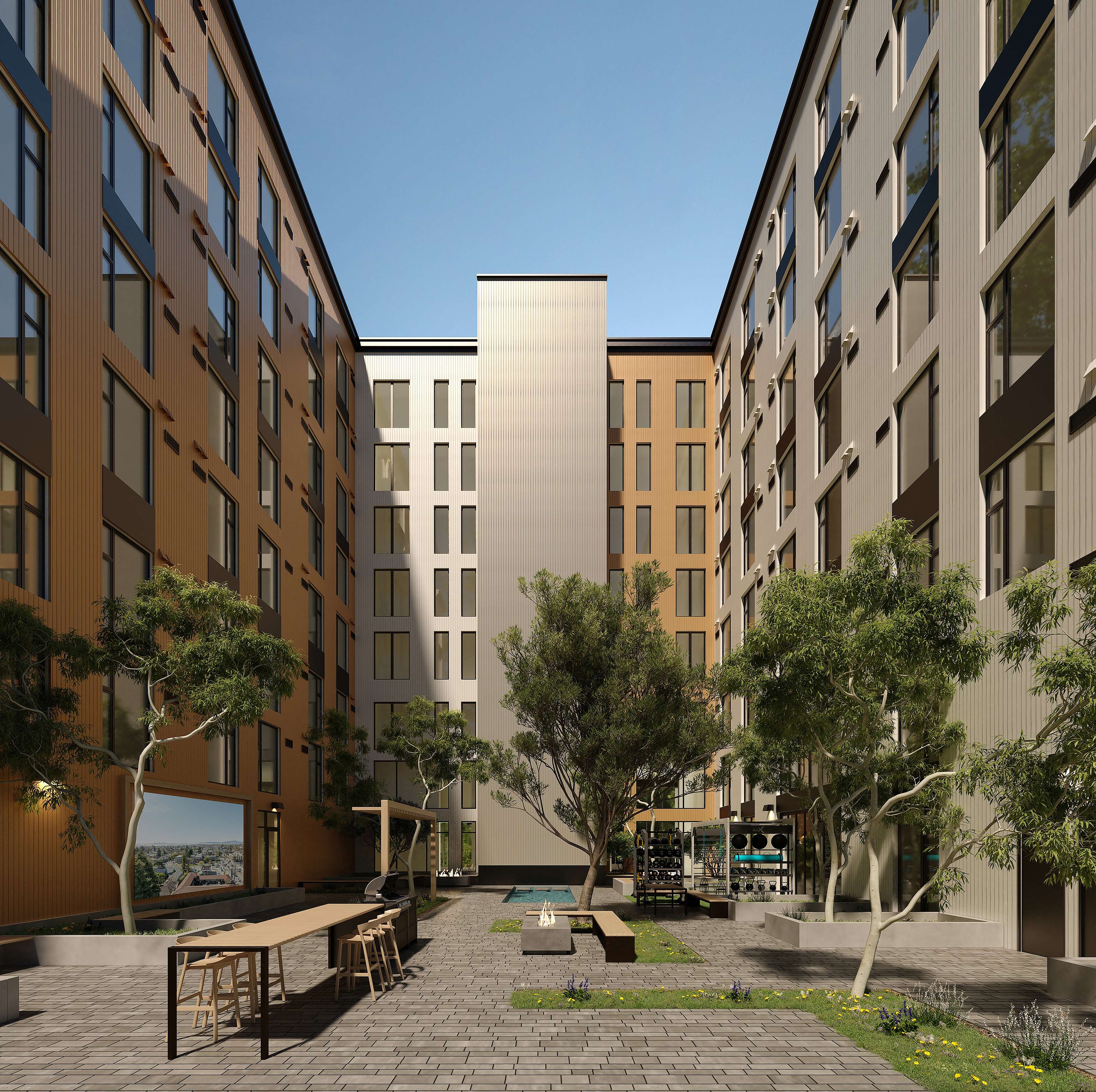 Modern apartment courtyard with sleek architecture, lush greenery, and outdoor seating, creating a welcoming urban oasis.