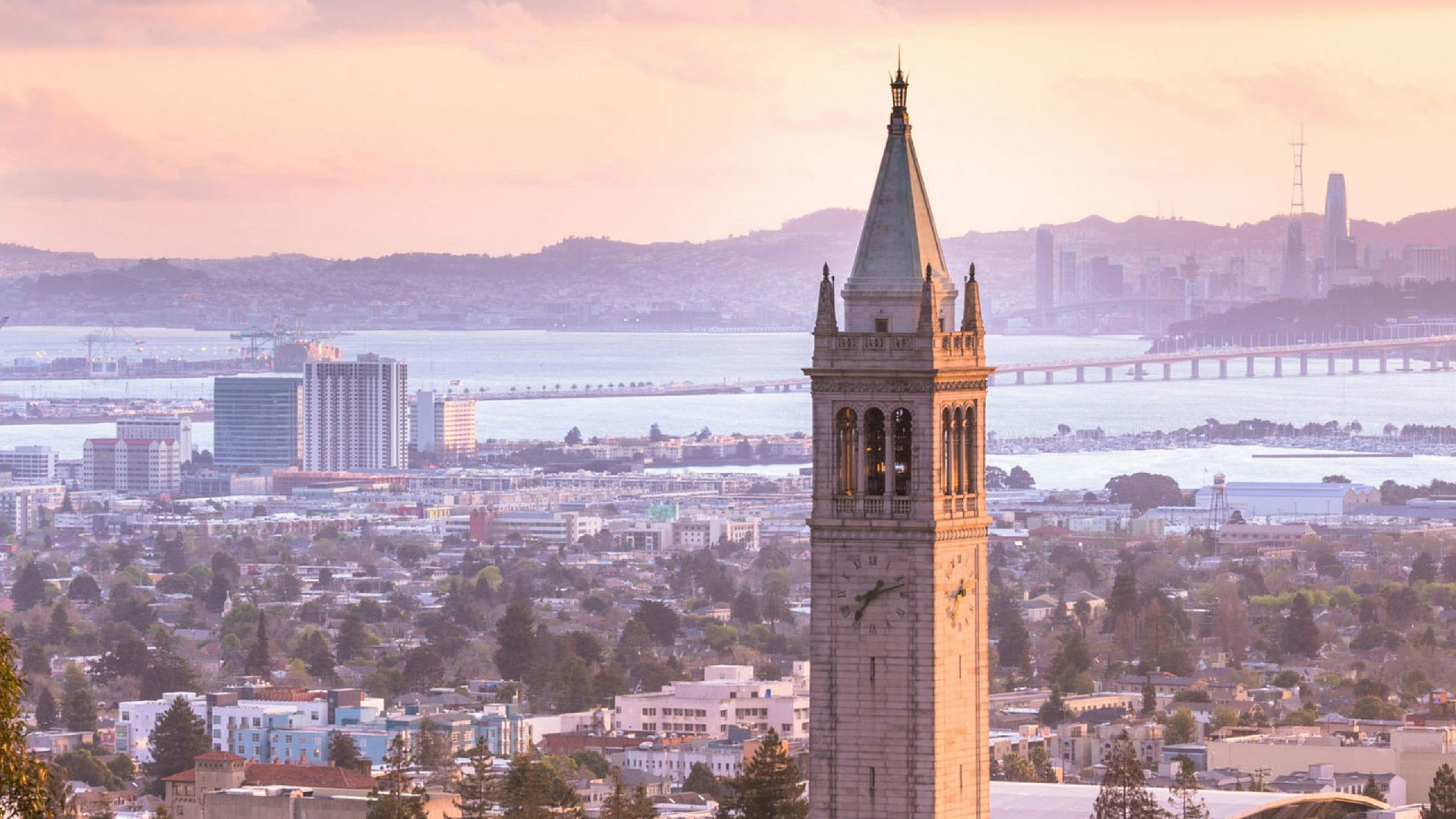 Scenic cityscape with iconic tower at sunset, overlooking a vibrant city and tranquil bay views.