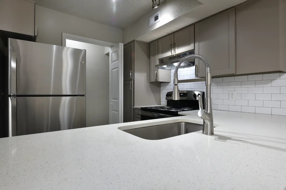 Modern and sleek kitchen with stainless steel appliances, chic faucet, and glossy countertops, ideal for culinary enthusiasts.