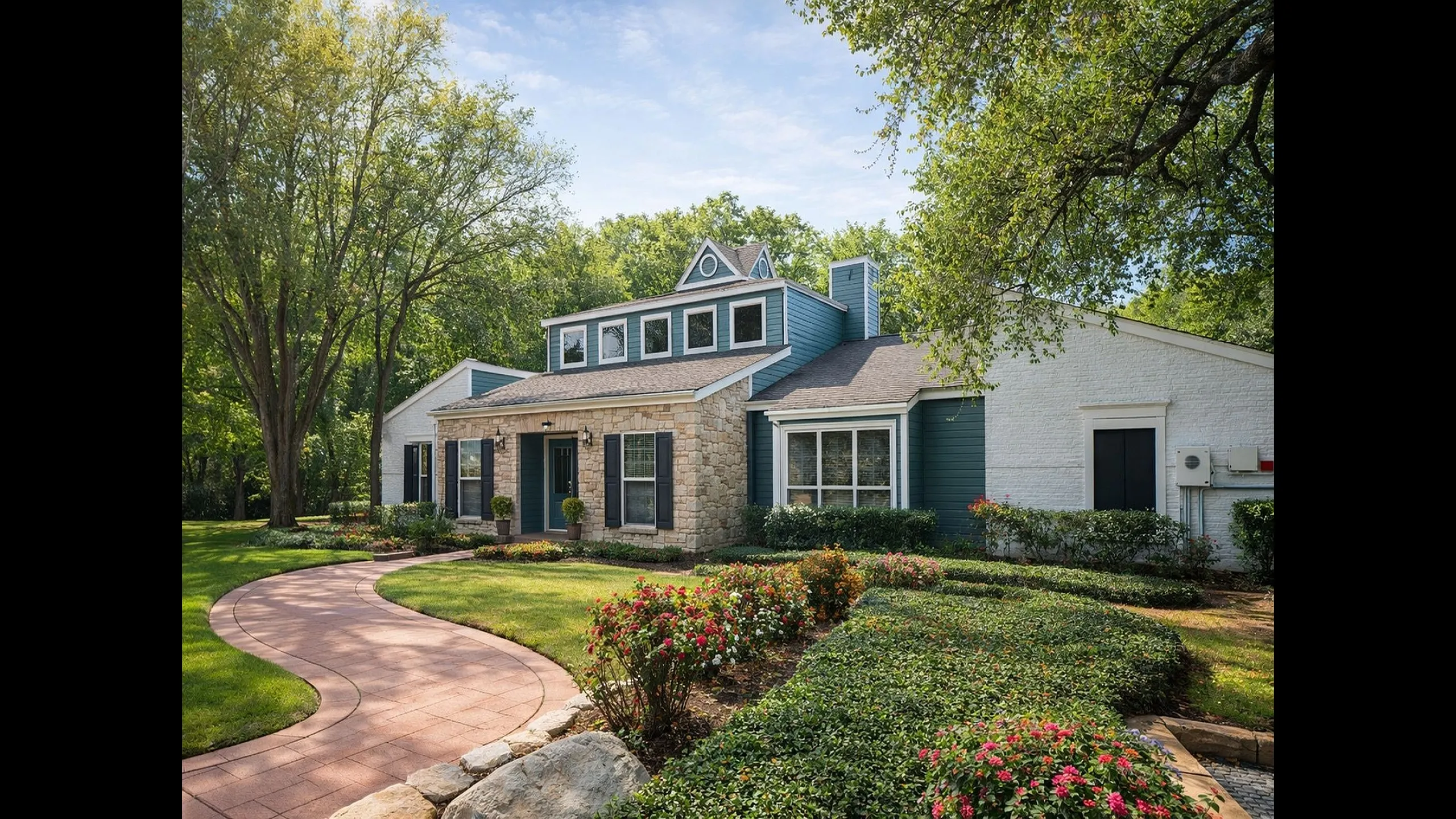 Charming suburban home with a rustic stone facade, beautiful landscaping, and a welcoming curved pathway leading to the entrance surrounded by lush greenery.