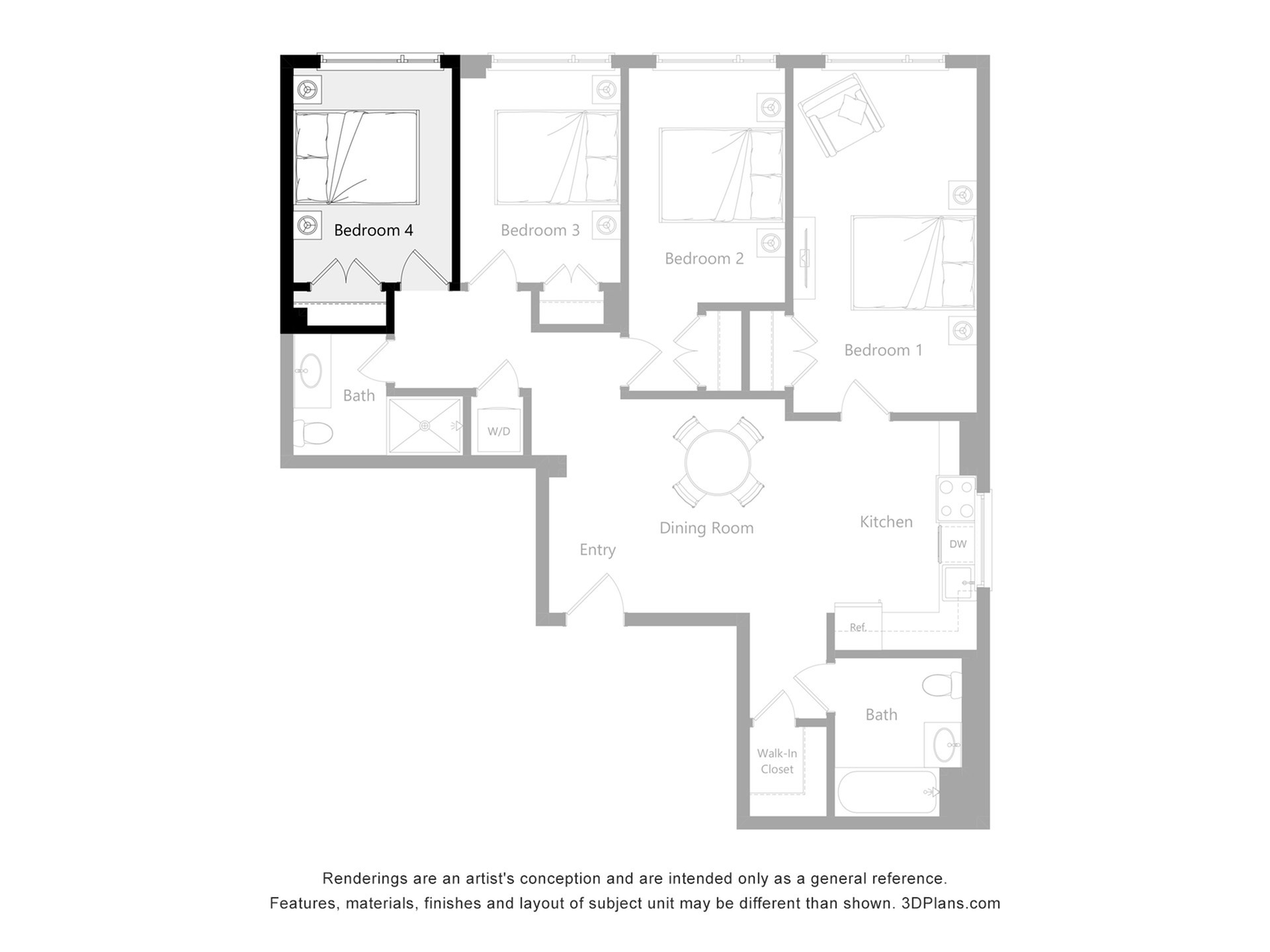 Spacious 4-bedroom floor plan featuring a modern kitchen, two bathrooms, and an open dining area with ample natural light.