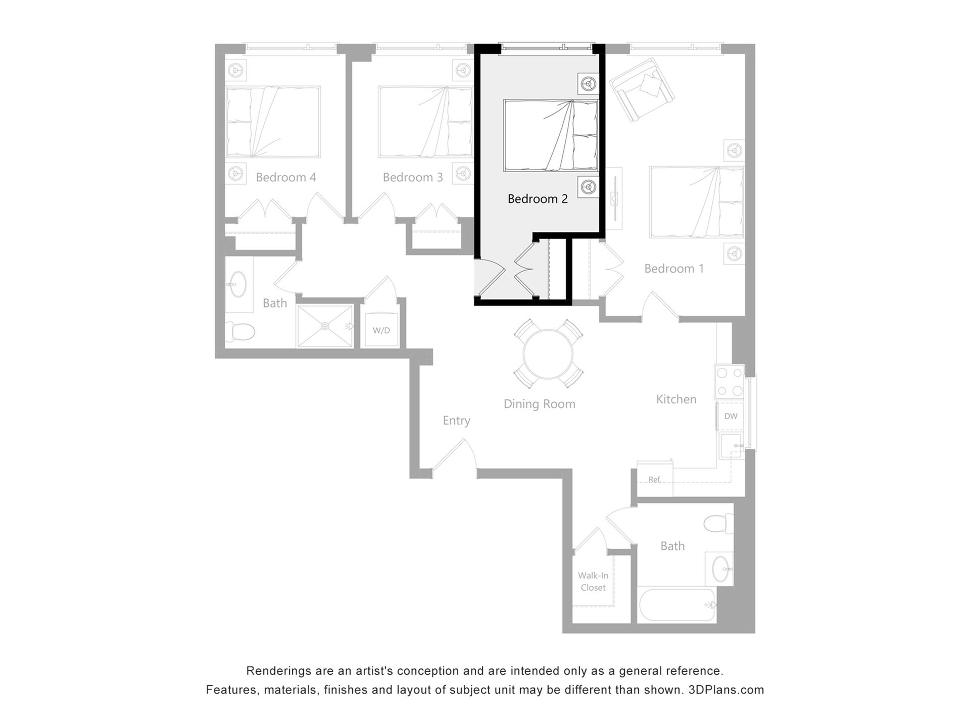 Modern 4-bedroom apartment floor plan featuring an open kitchen, spacious dining room, and convenient storage solutions.