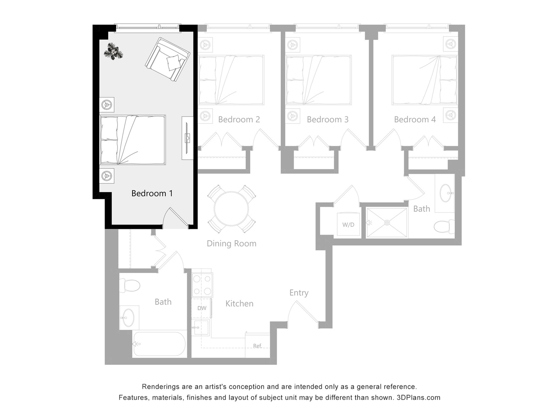 Modern floor plan featuring 4 bedrooms, open dining and kitchen area, and a convenient bathroom layout.