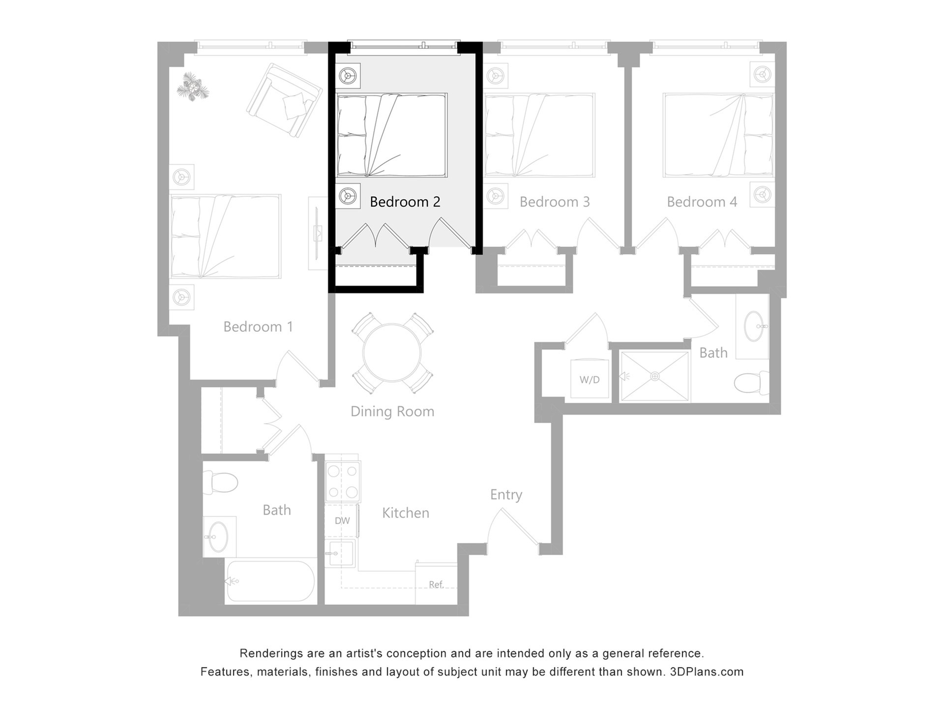 Spacious floor plan showcasing four inviting bedrooms, a sleek kitchen, modern dining room, and two stylish bathrooms.