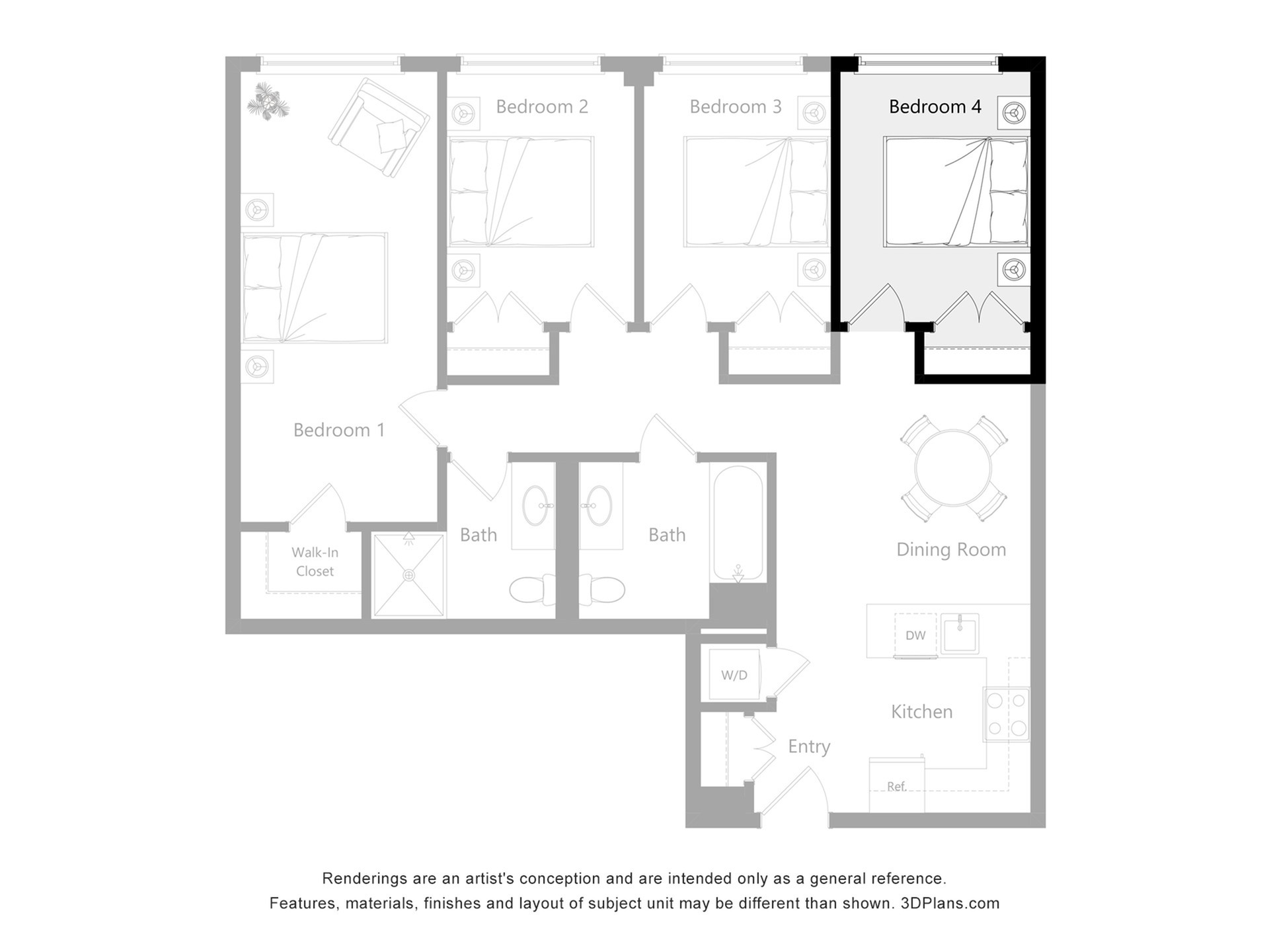 Contemporary 4-bedroom floor plan featuring a spacious walk-in closet, elegant dining and living area, and a modern kitchen.