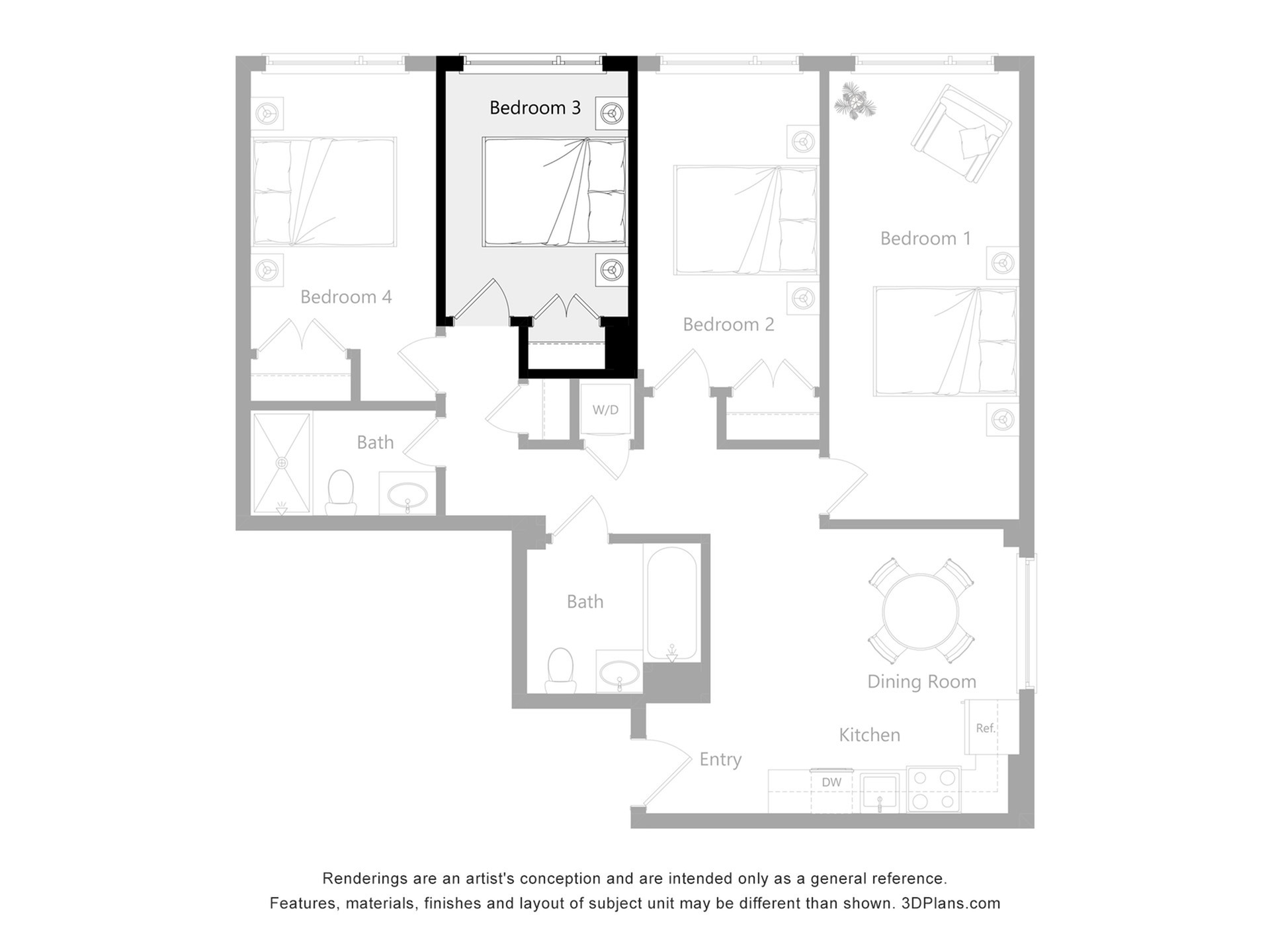 Modern 4-bedroom floor plan featuring two bathrooms, open-concept kitchen and dining area, and convenient entryway.