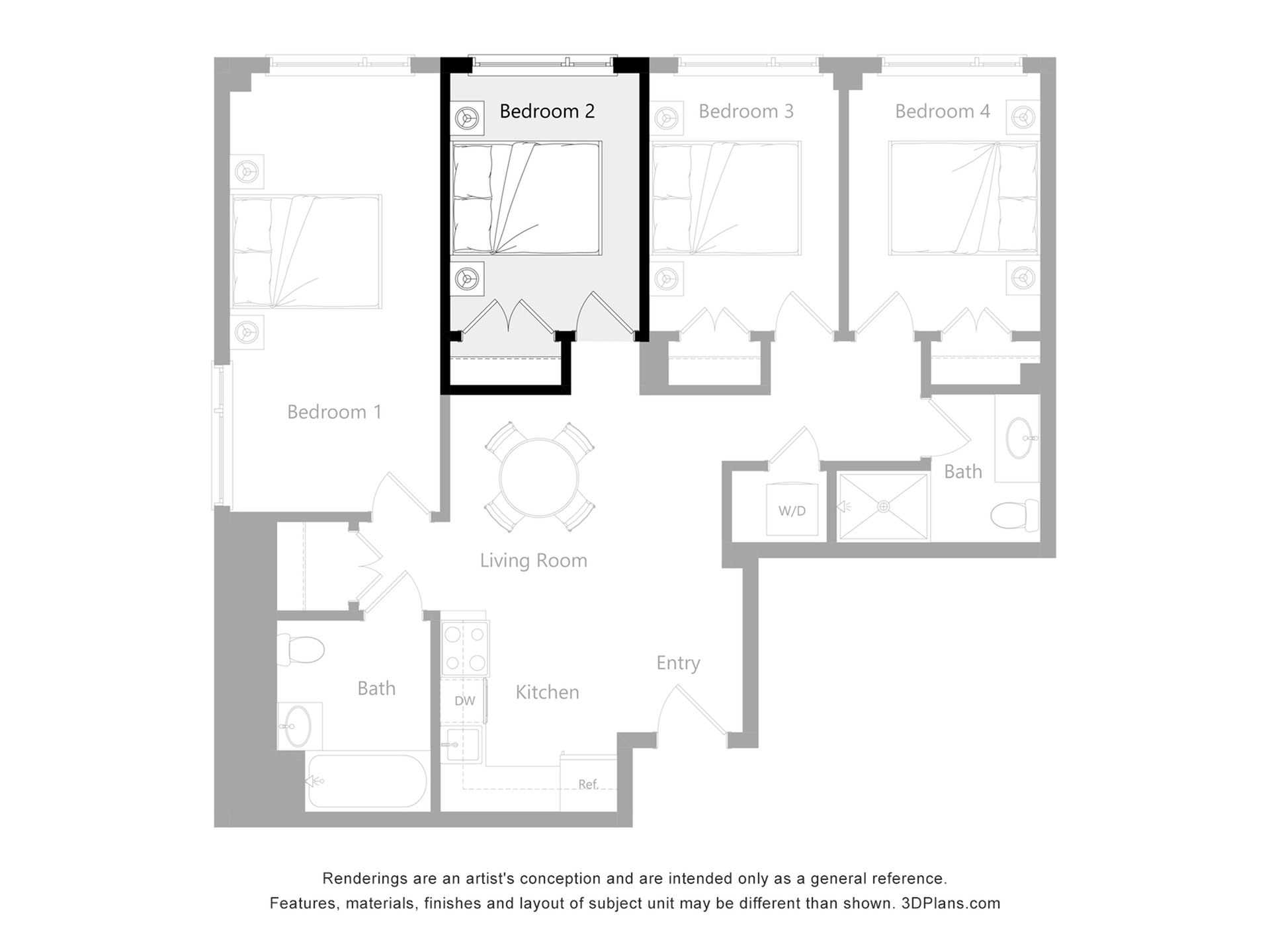 Chic floor plan showcasing 4 bedrooms, modern kitchen, and inviting living room, perfect for spacious living.