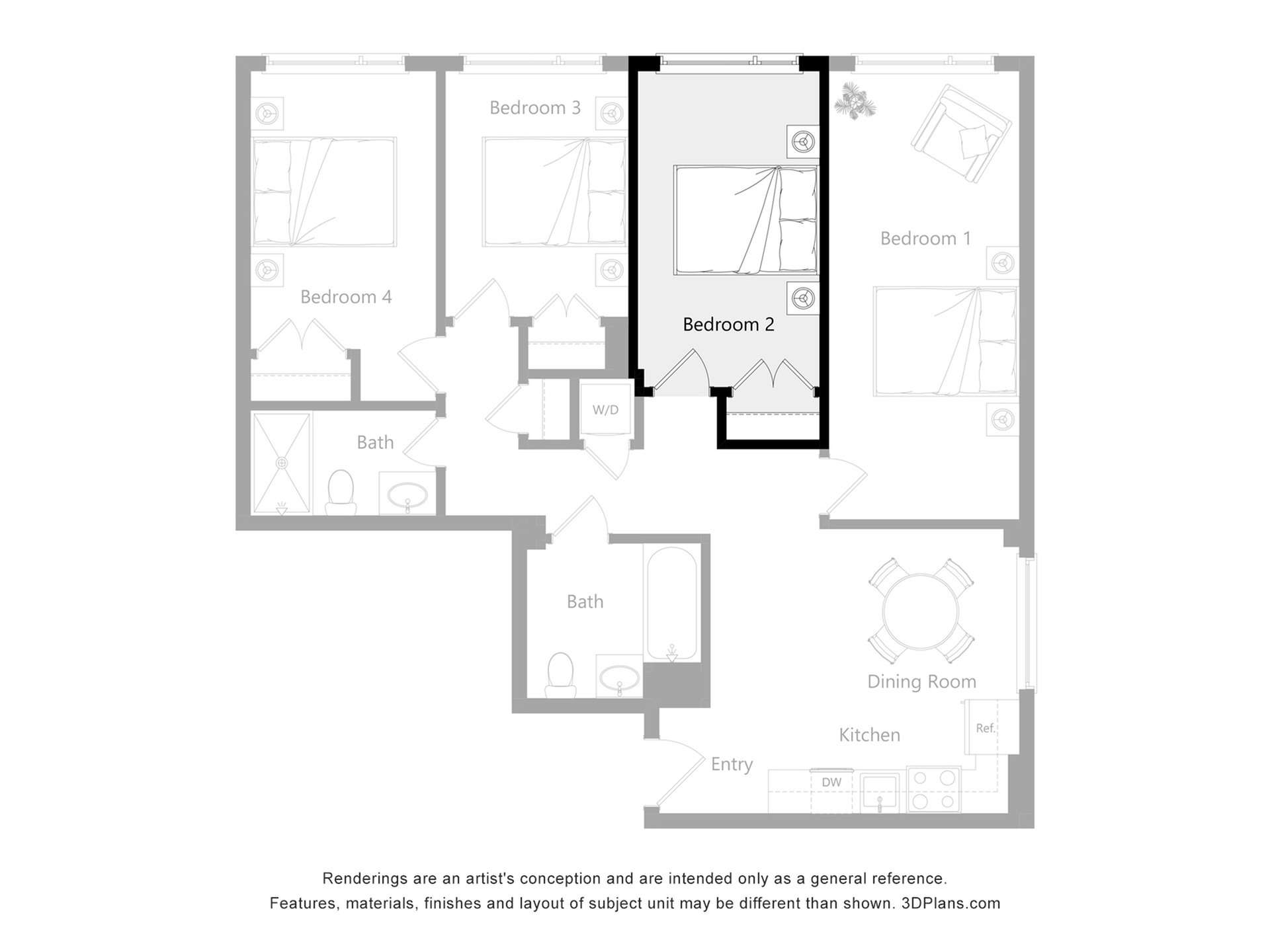 Modern floor plan showcasing 4 bedrooms, 2 bathrooms, a dining area, and a spacious kitchen.